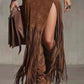Denim Patchwork Fringe Maxi Skirt - DAVERRI FASHIONS