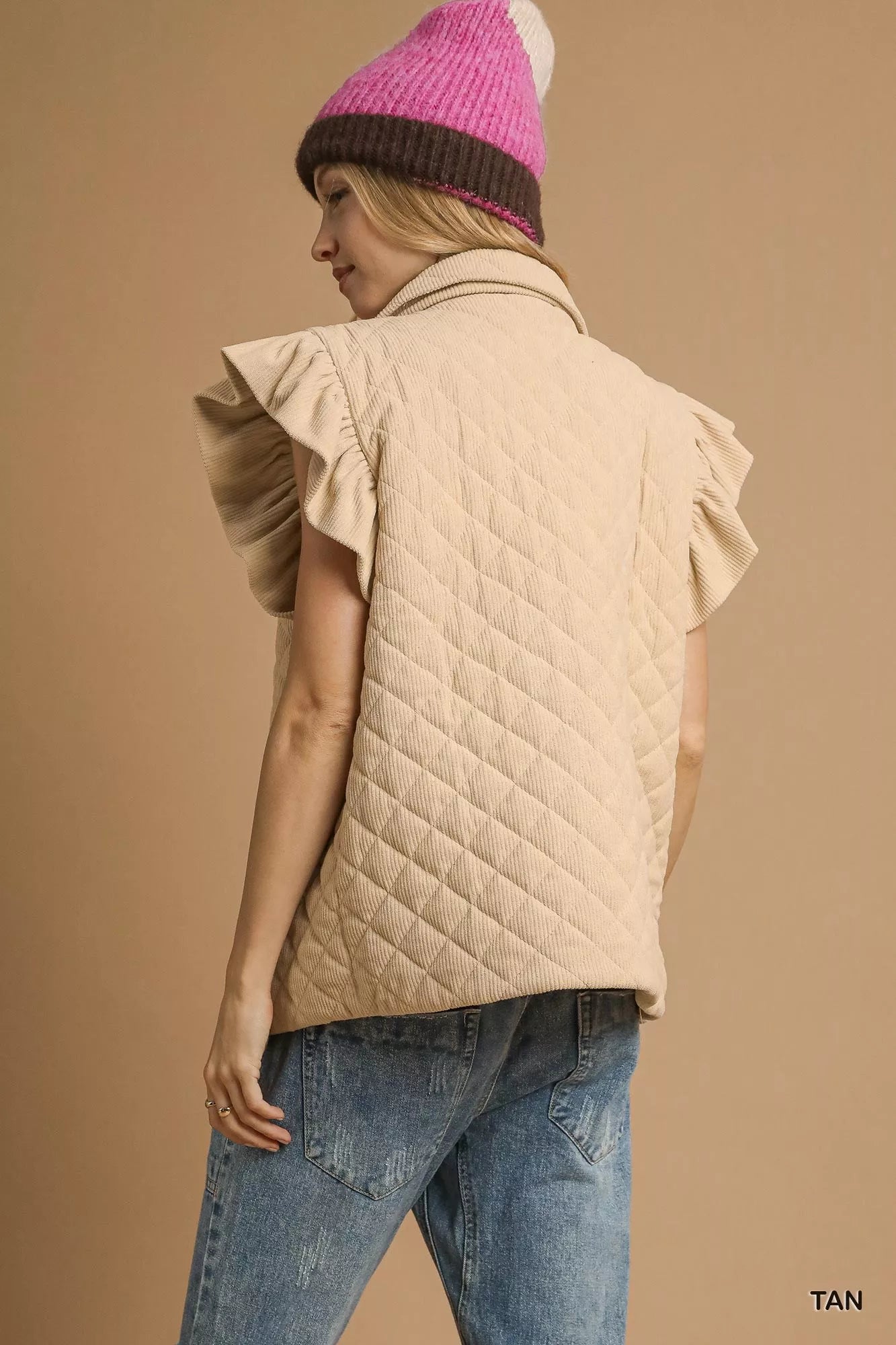 Umgee beige corduroy quilted ruffle sleeve vest with high collar