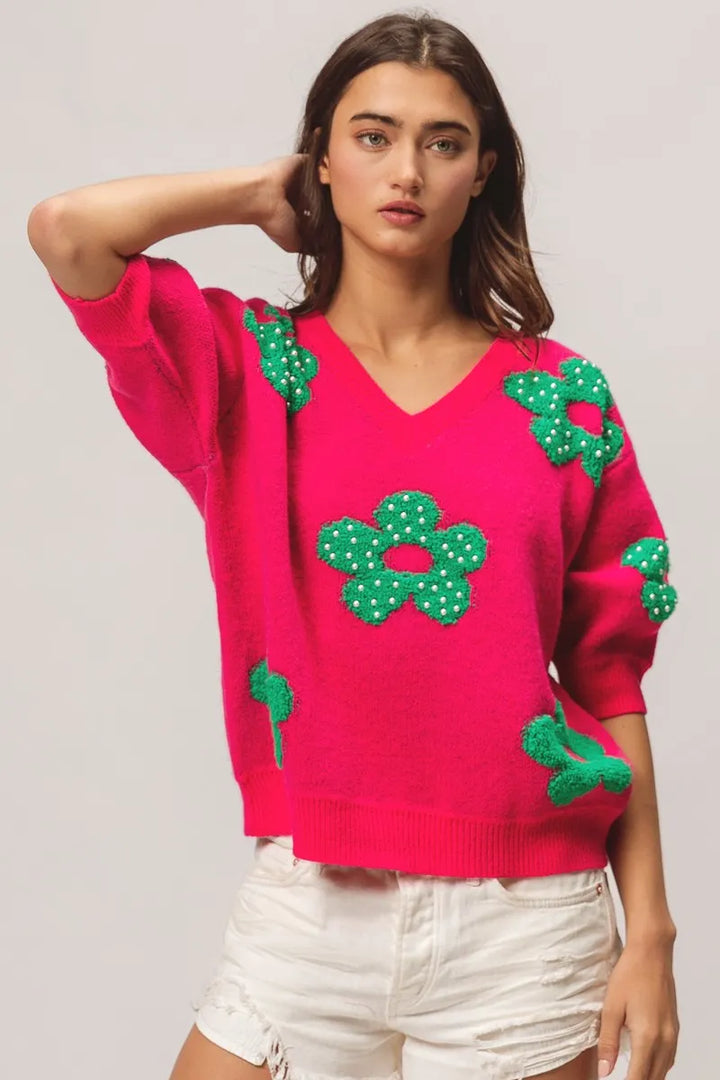 BiBi Pearl Beads Flowers Sweater Top Sweaters