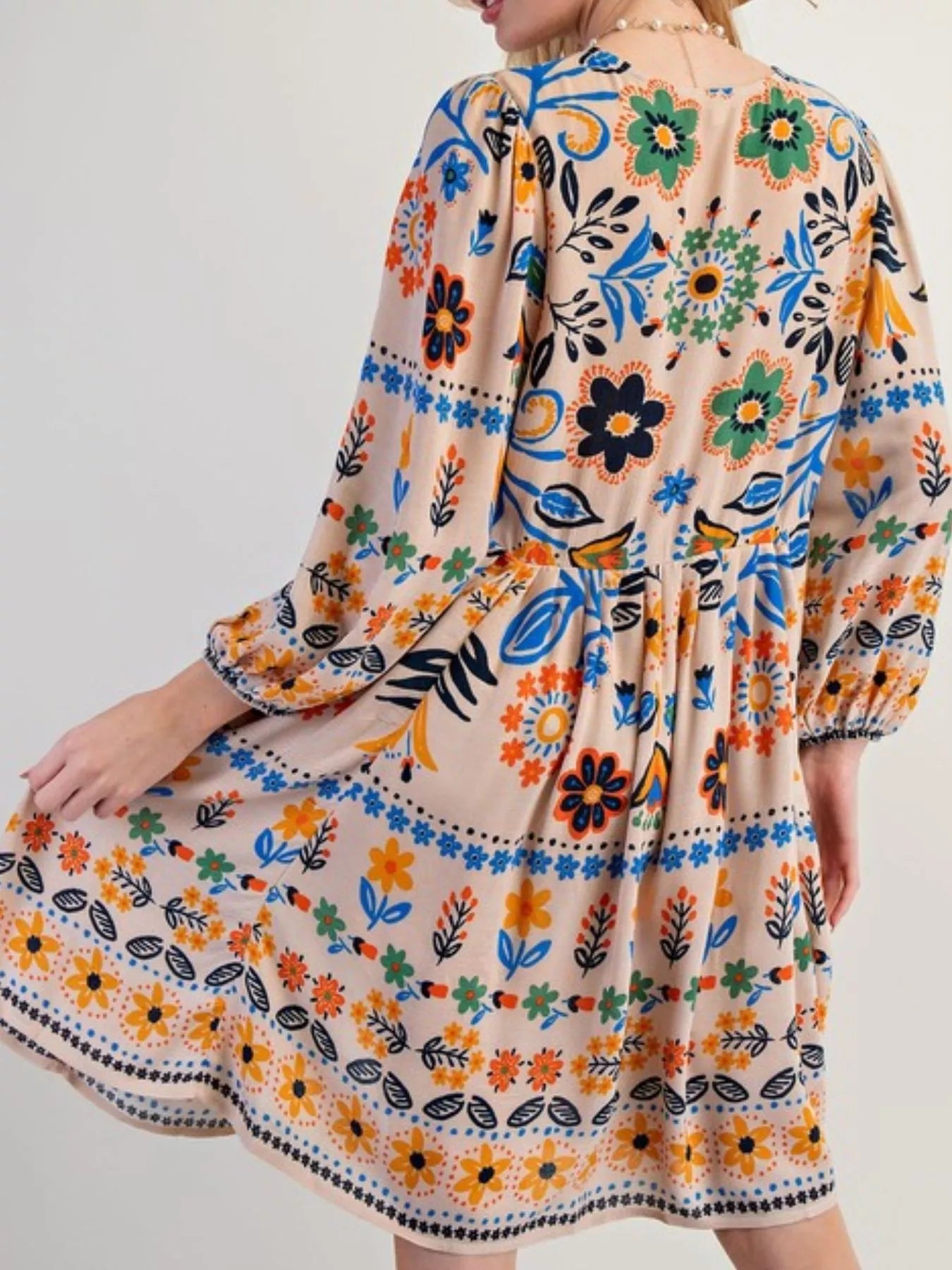 Bohemian floral print long sleeve mini dress with bell sleeves