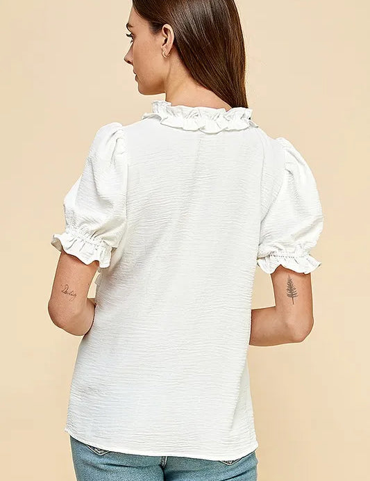 Lime 'N' Chili Solid Ruffled Deep V-Neck Puff Sleeve Babydoll Top | Tops Daverri Fashions