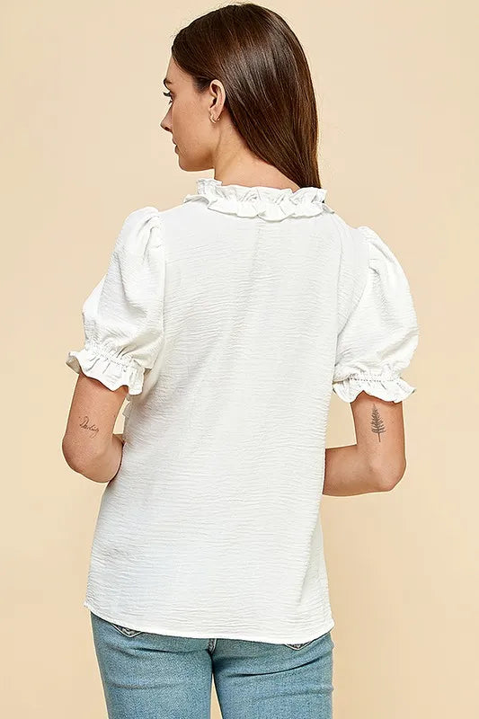 Lime 'N' Chili Solid Ruffled Deep V-Neck Puff Sleeve Babydoll Top