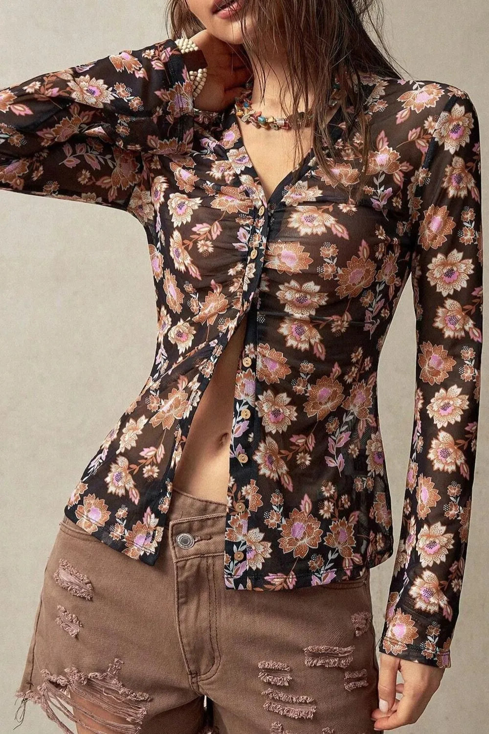 Floral Button-Front Shirt with Bell Sleeves | Shirts Daverri Fashions