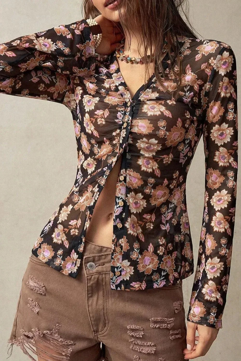 Floral Button-Front Shirt with Bell Sleeves - DAVERRI FASHIONS