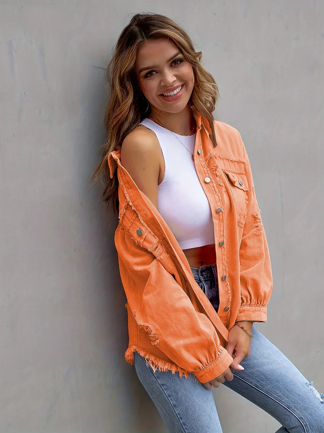 Distressed Drop Shoulder Denim Jacket - DAVERRI FASHIONS