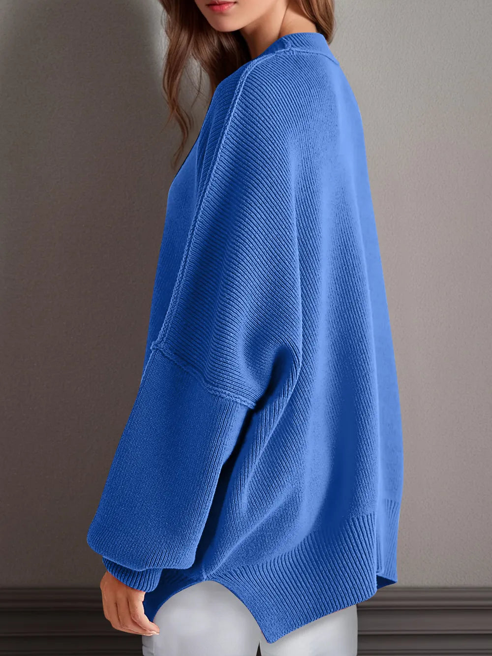 Side Slit Round Neck Long Sleeve Sweater | Sweaters Daverri Fashions