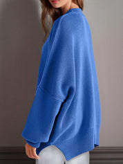 Side Slit Round Neck Long Sleeve Sweater | Sweaters Daverri Fashions