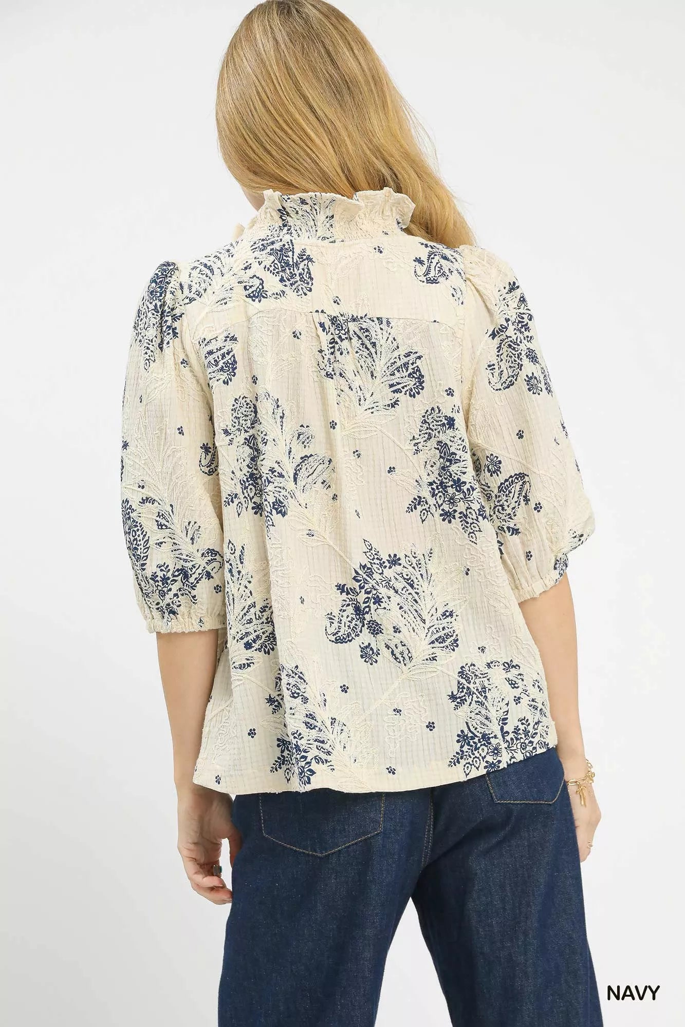 Umgee floral embroidered blouse with ruffle trim and lace collar
