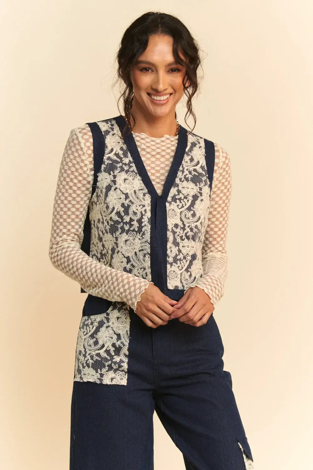 Davi & Dani Lace Patch Open Front Denim Vest - DAVERRI FASHIONS