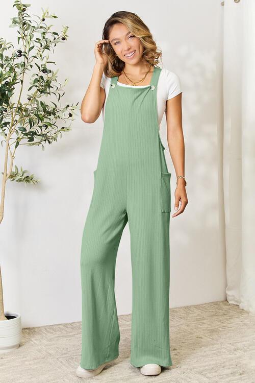 Double Take Full Size Wide Strap Overall with Pockets Gum Leaf S Overalls