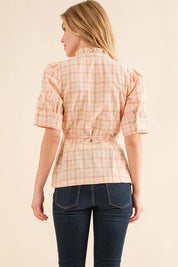 And The Why Plaid Patterned and Ruffled Wrap Blouse Top | Daverri Fashions