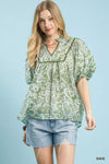 Sage-colored Umgee abstract print ruffled puff sleeve blouse