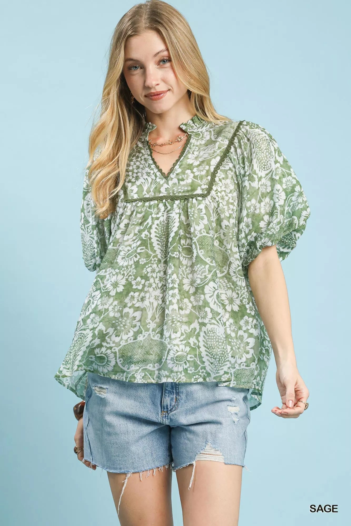 Sage-colored Umgee abstract print ruffled puff sleeve blouse