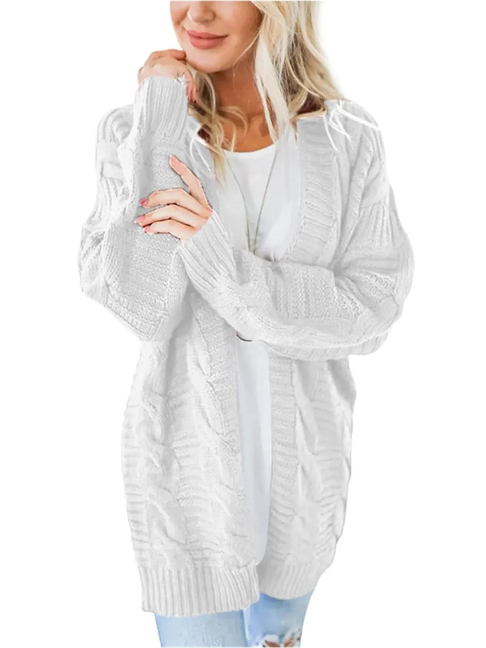 Cable-Knit Open Front Long Sleeve Cardigan | Cardigans Daverri Fashions
