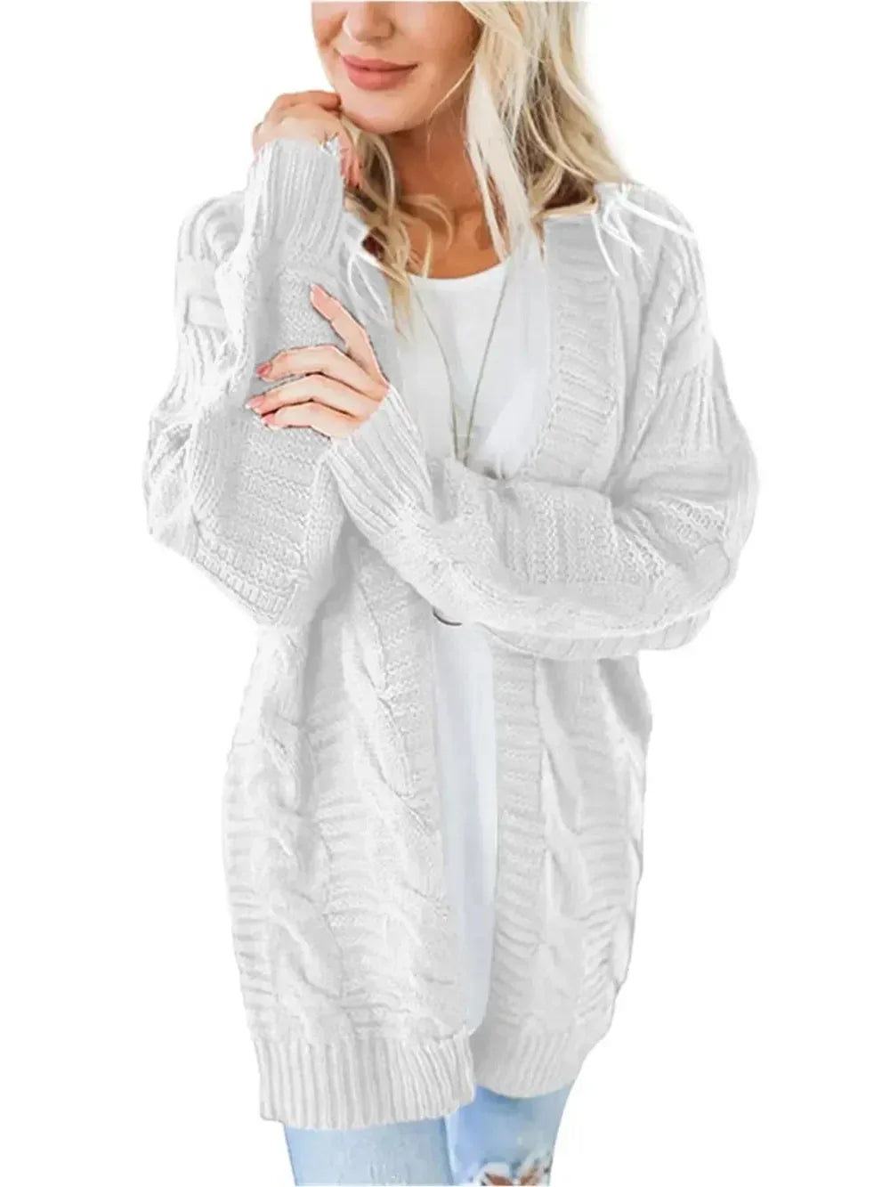 Cable-Knit Open Front Long Sleeve Cardigan - DAVERRI FASHIONS