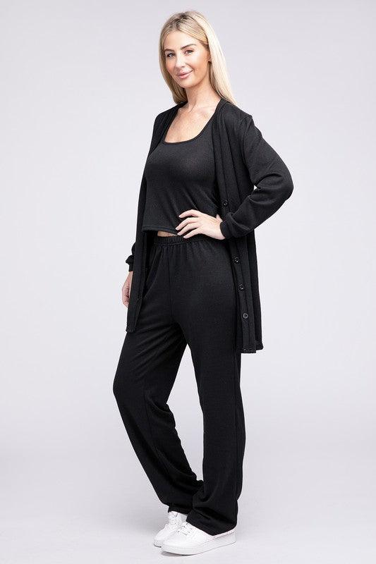 Solid Tank Top Pants & Cardigan Outfit Set Loungewear