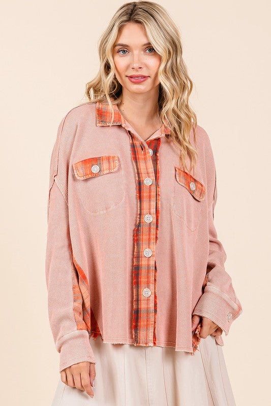 Mittoshop Mineral Washed Plaid Button Down Shacket Rust