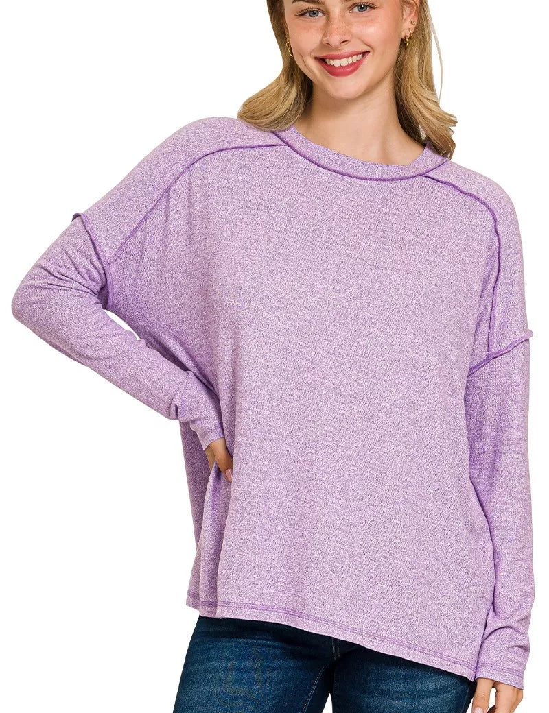 LAVENDER Zenana Full Size Melange Hacci Exposed Seam Hi-low Tee Plus Size | T-Shirts Daverri Fashions