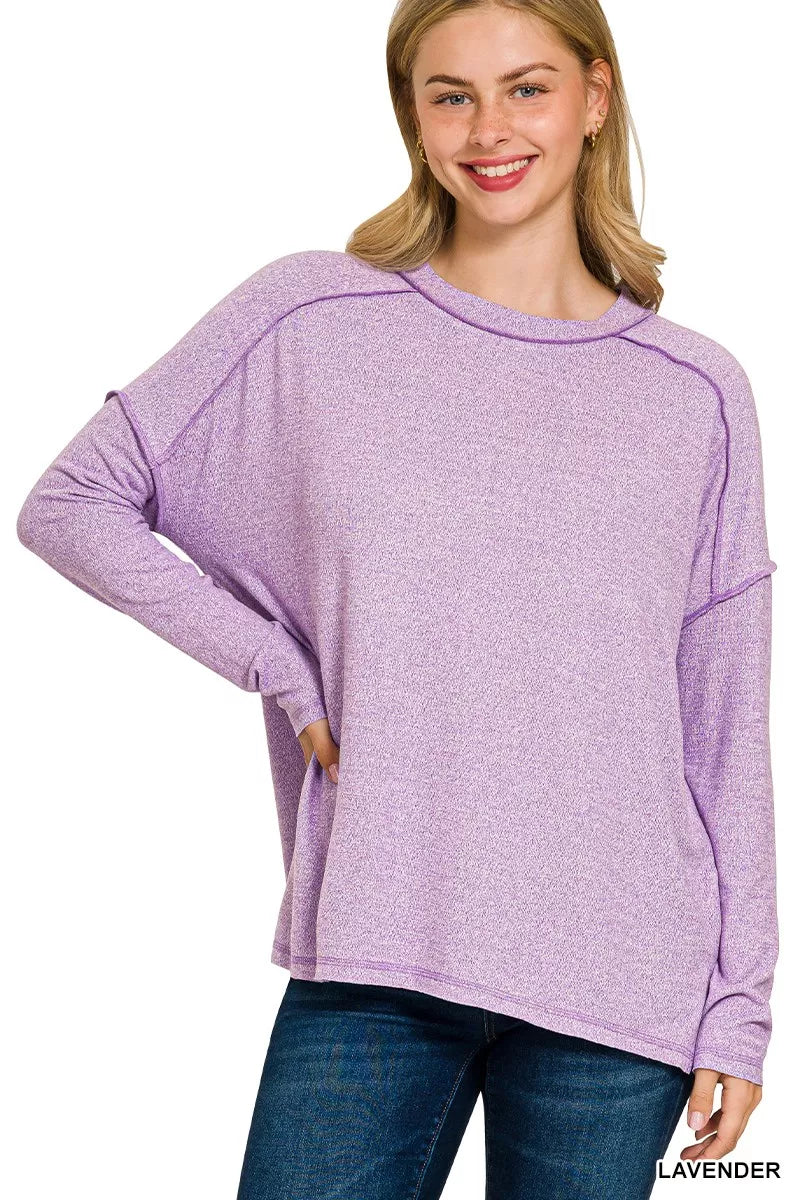 LAVENDER Zenana Full Size Melange Hacci Exposed Seam Hi-low Tee Plus Size | T-Shirts Daverri Fashions