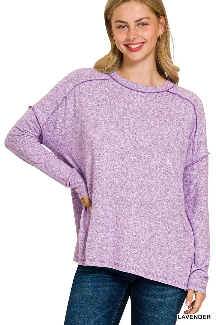 LAVENDER Zenana Full Size Melange Hacci Exposed Seam Hi-low Tee Plus Size | T-Shirts Daverri Fashions