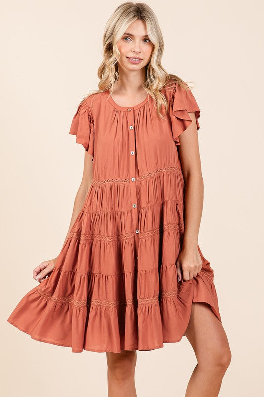 Mittoshop Lace Detail Ruffled Button Down Tiered Dress Pumpkin