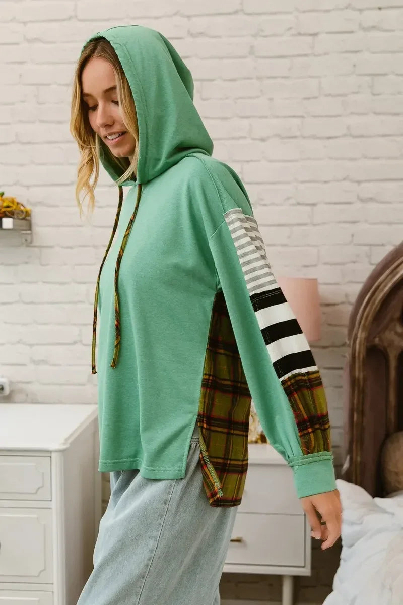 BiBi Plaid With Stripes Mix Match French Terry Hoodie - DAVERRI FASHIONS