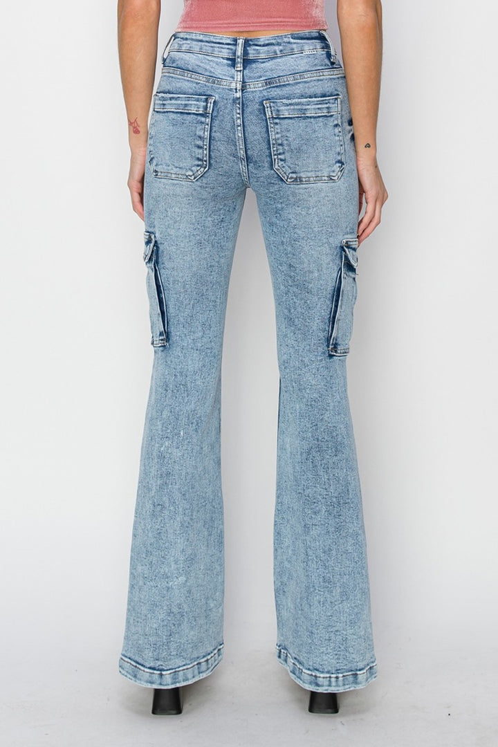 RISEN Full Size High Rise Cargo Flare Jeans Bottoms