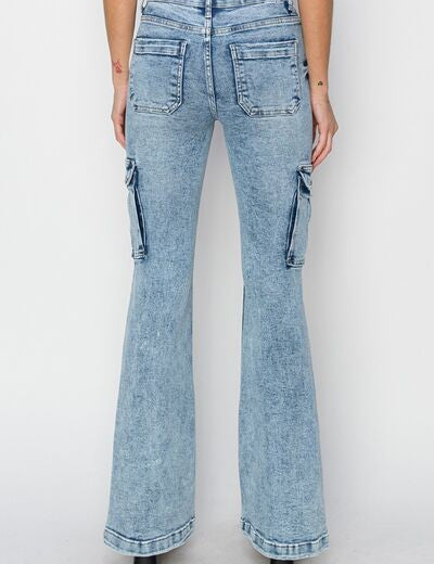 RISEN Full Size High Rise Cargo Flare Jeans Jeans