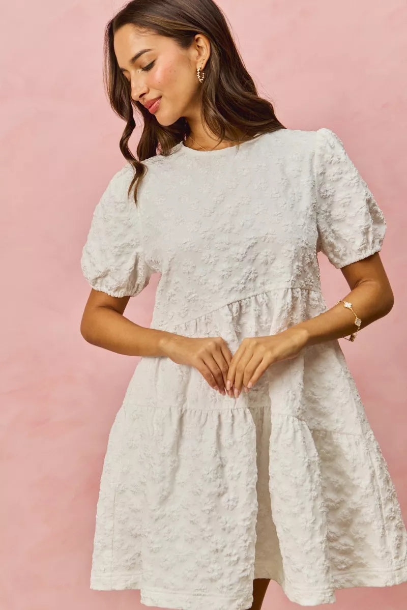 White textured SO ME floral jacquard diagonal tiered short mini dress with puffed sleeves