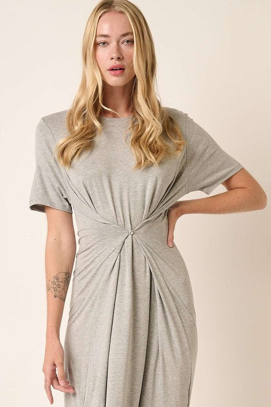 Mittoshop Side Slit Round Neck Short Sleeve Dress Heather Grey Midi Dresses