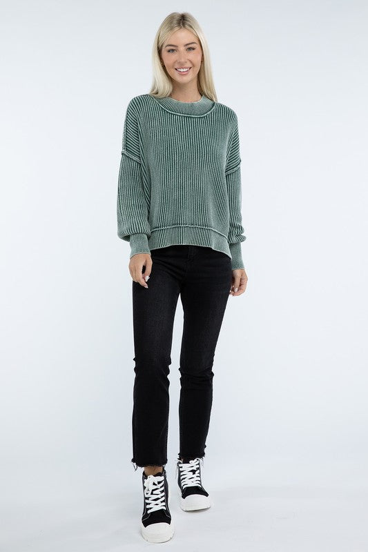 Washed Side Slit Oversized Cropped Cotton Sweater Tops