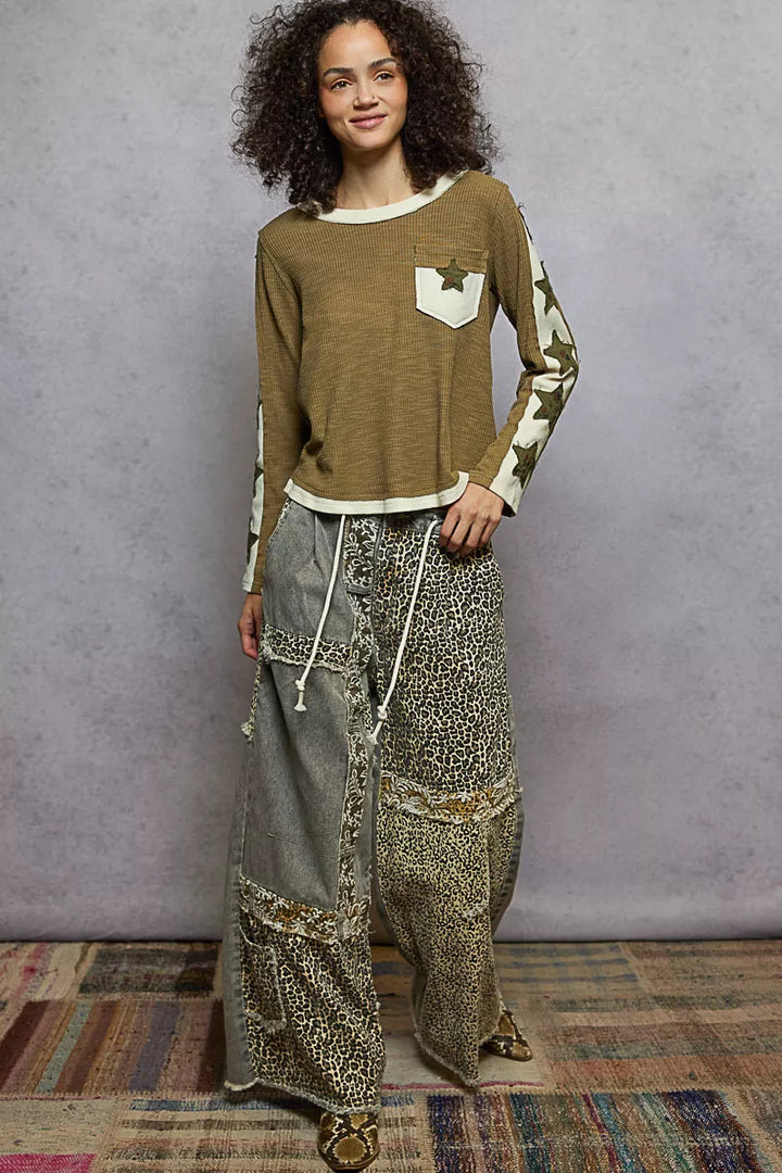 POL Round Neck Long Sleever T-Shirt with Star Patch | T-Shirts Daverri Fashions