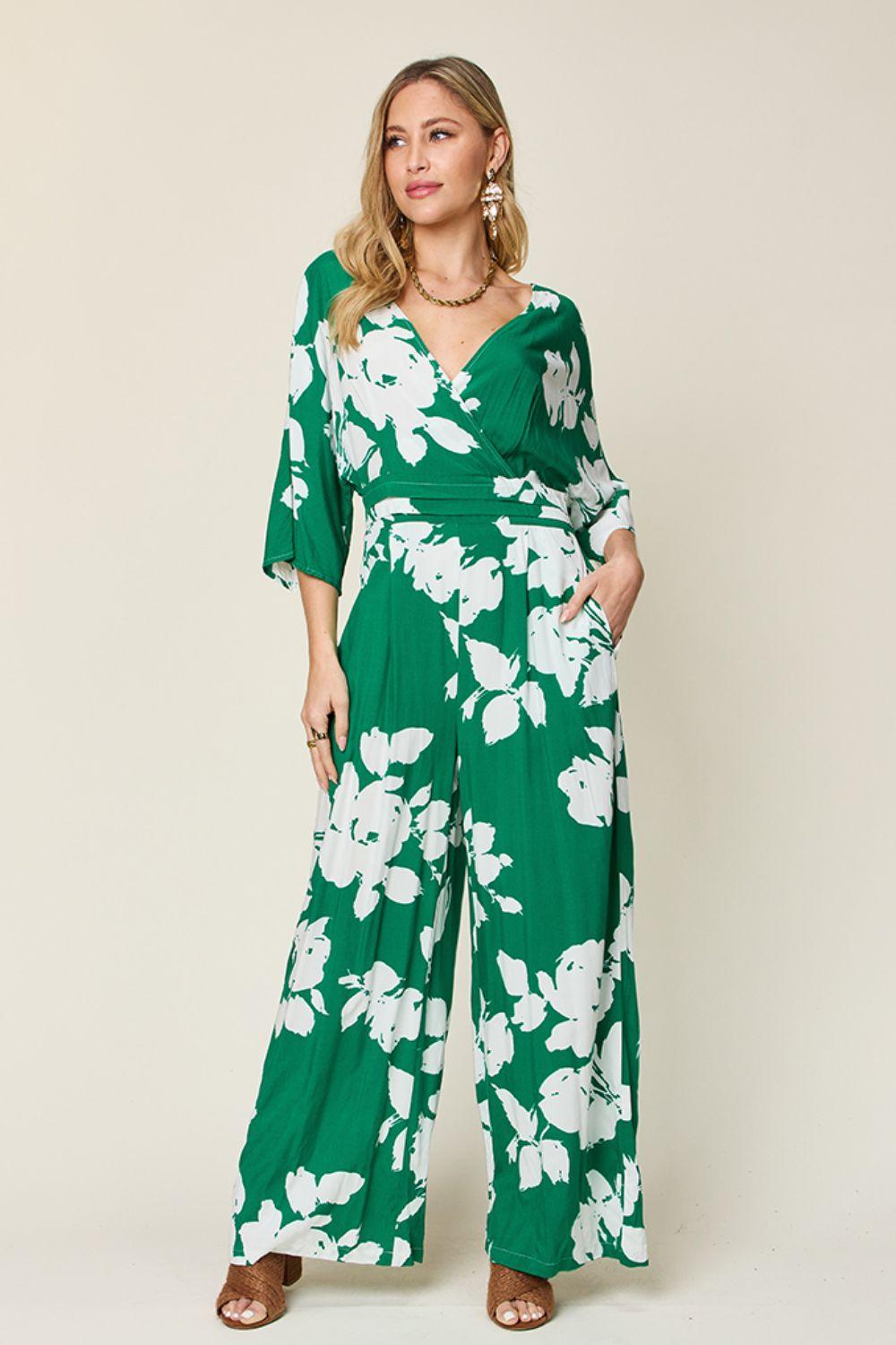 Double Take Full Size Printed Tie Back Wide Leg Jumpsuit Green Jumpsuits