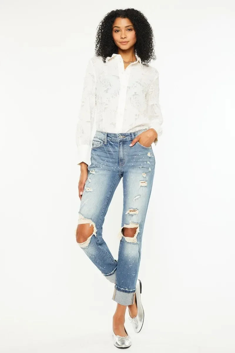 Kancan High Rise Distressed Boyfriend Fit Jeans - DAVERRI FASHIONS