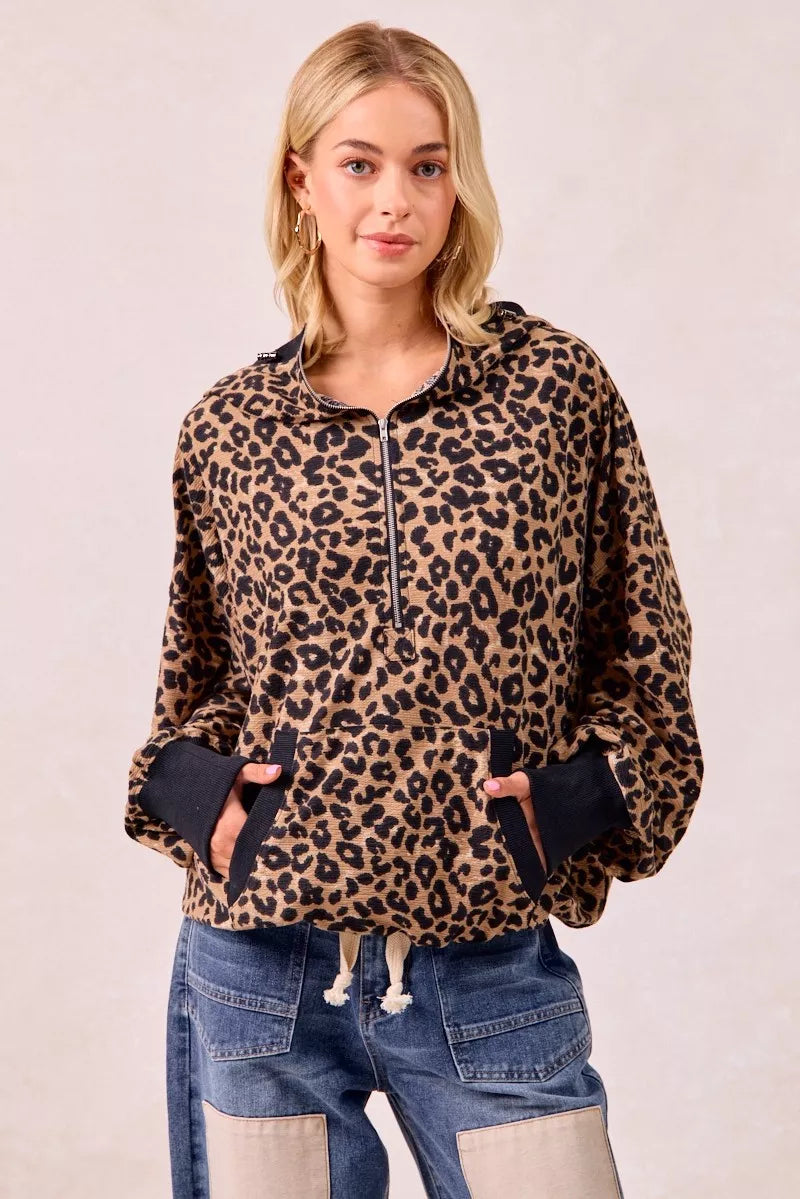 LEOPARD BiBi Leopard Print Waffle Half Zip Up Hoodie W Pocket | Daverri Fashions