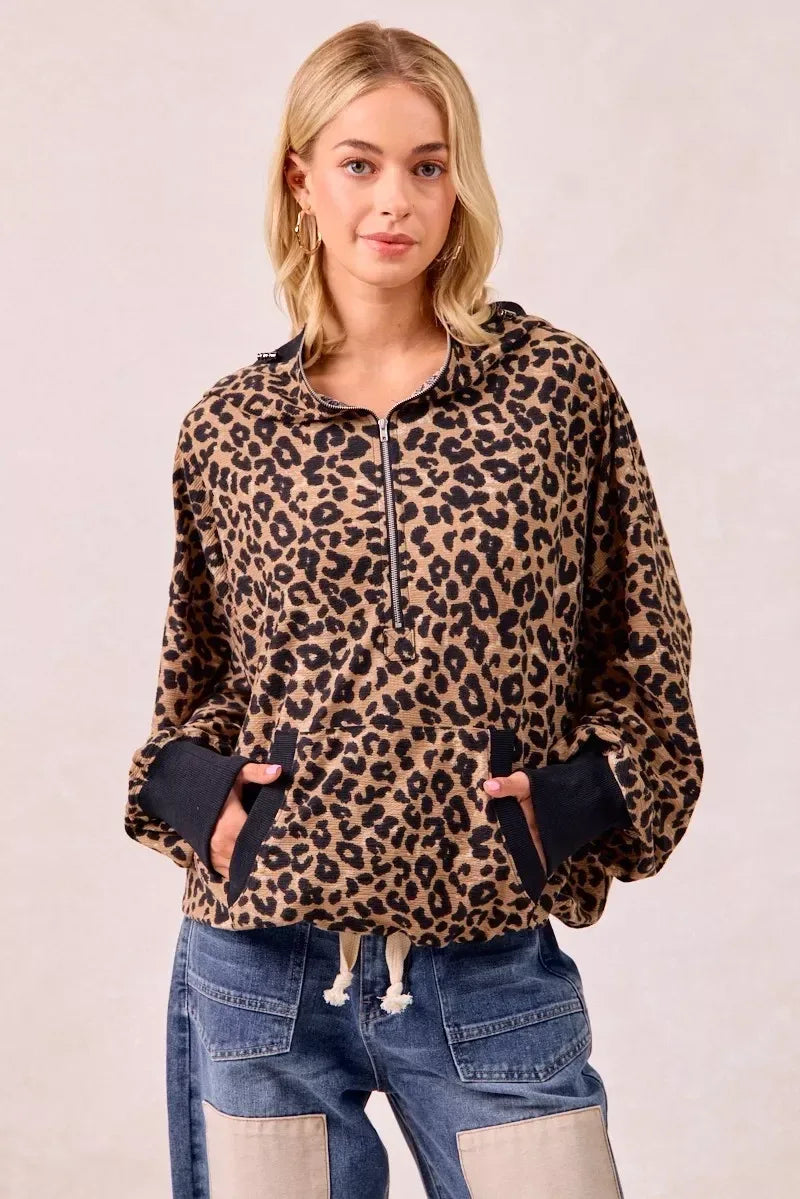 BiBi Leopard Print Waffle Half Zip Up Hoodie W Pocket - DAVERRI FASHIONS