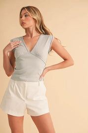 LIGHT WASH BLUE Aemi+Co V-Neck Cap Sleeve Cropped Top | Tops Daverri Fashions