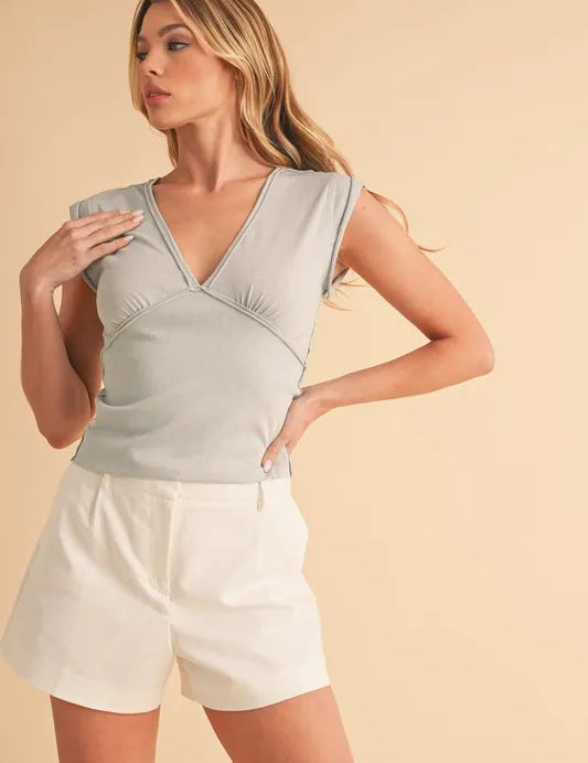LIGHT WASH BLUE Aemi+Co V-Neck Cap Sleeve Cropped Top | Tops Daverri Fashions