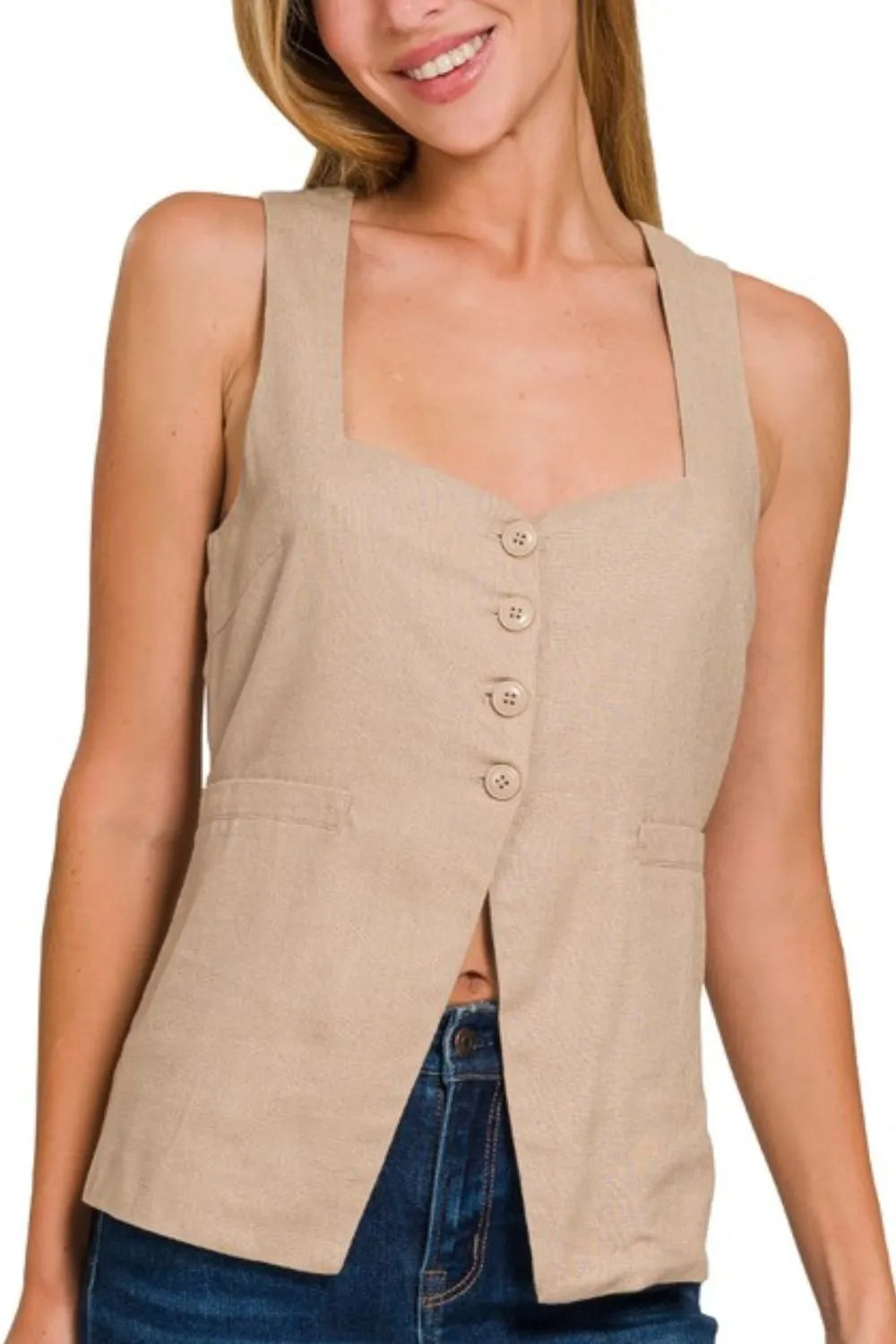 Zenana Linen Tie-back 4-button Vest with Lining Vests
