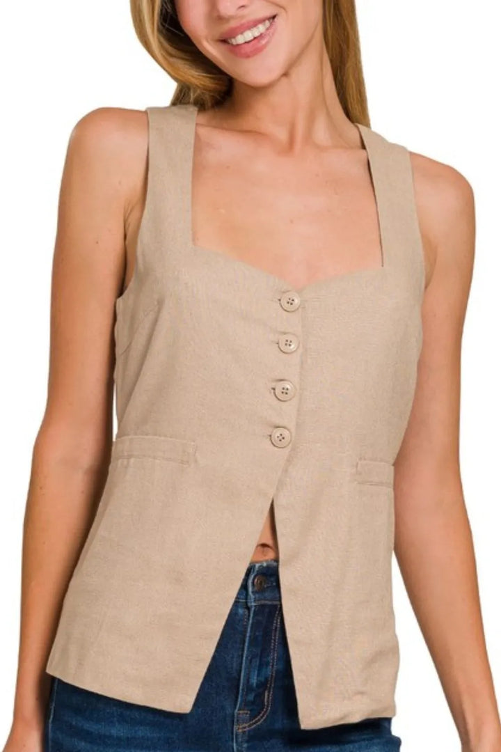 Zenana Linen Tie-back 4-button Vest with Lining Vests