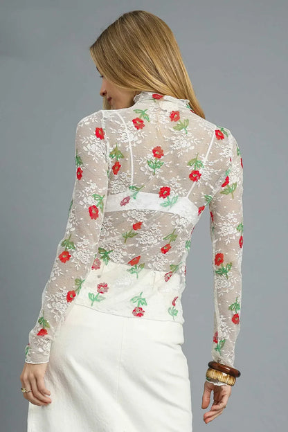 Umgee Floral Mock Neck Long Sleeve Sheer Top - DAVERRI FASHIONS