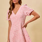 SO ME floral jacquard fit and flare mini dress in soft pink lace with v-neck and puffed sleeves