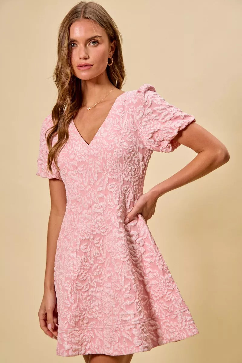 SO ME floral jacquard fit and flare mini dress in soft pink lace with v-neck and puffed sleeves