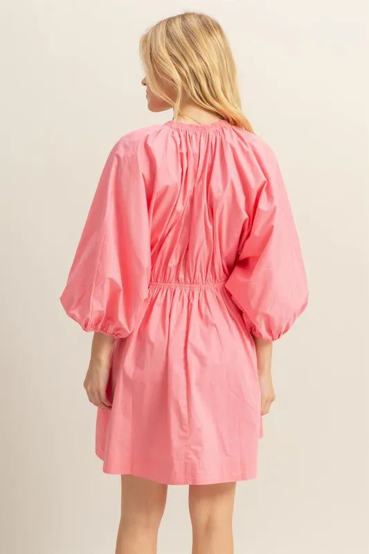HYFVE Plunge Balloon Sleeve Poplin Mini Dress with Pockets Mini Dresses
