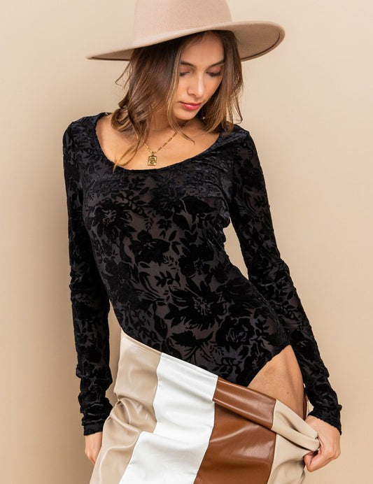 Ces Femme Velvet Floral Long Sleeve Bodysuit