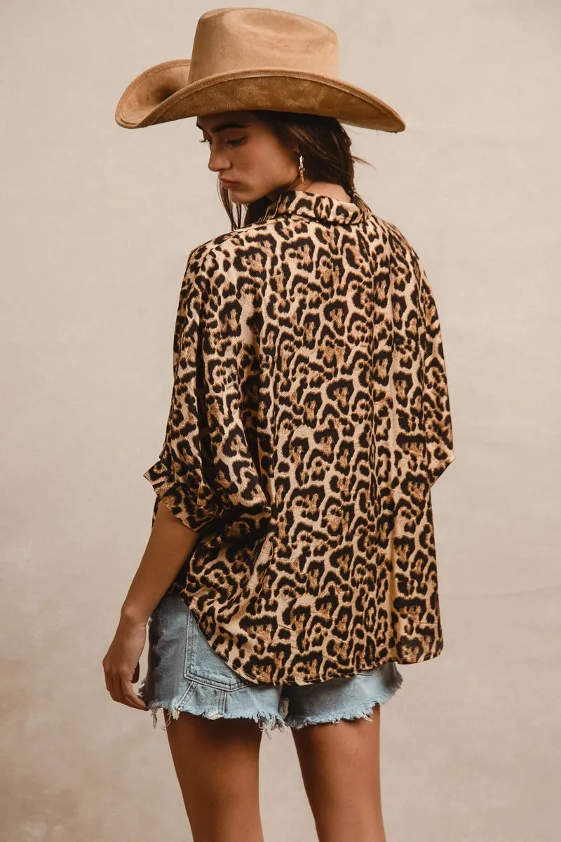 BiBi Leopard Prints Oversized Short Sleeves Top Tops