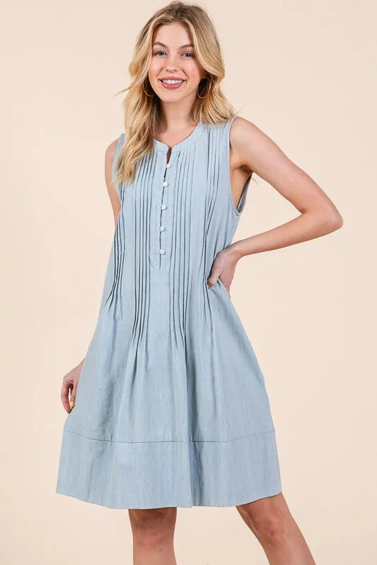 Lime N Chili light blue pleated sleeveless midi dress with pintuck details