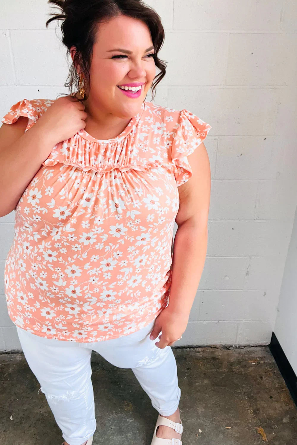 Peach Floral Print Frilled Short Sleeve Yoke Top | Daverri Fashions