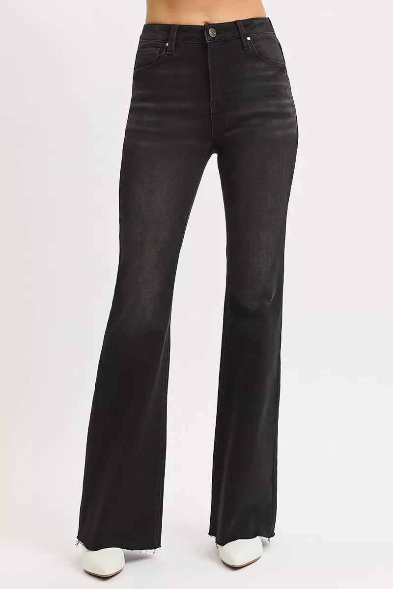 RISEN Full Size High Rise Flare Raw Cut Hem Jeans Plus Size | Jeans Daverri Fashions