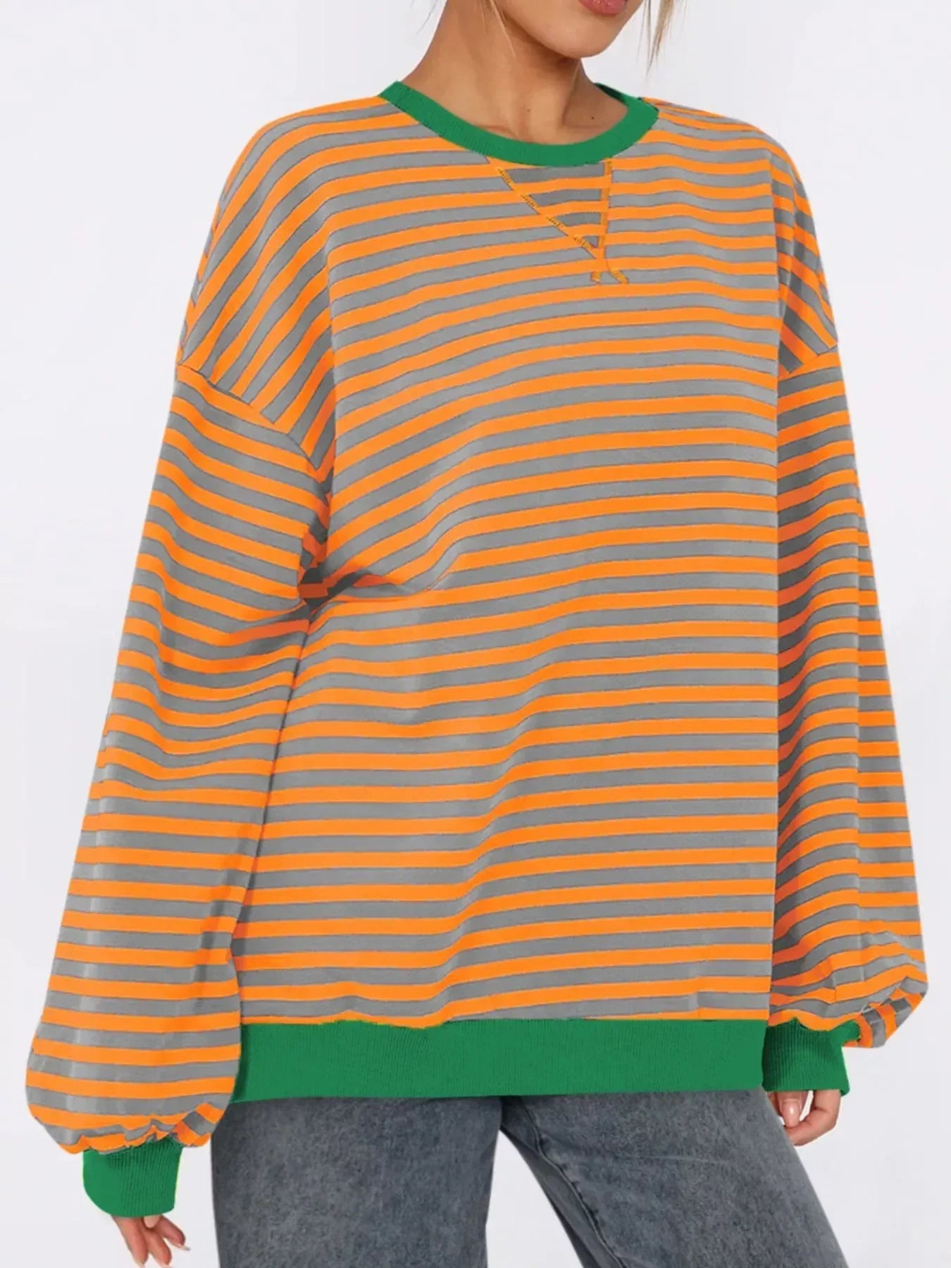 Striped Round Neck Long Sleeve Sweatshirt - DAVERRI FASHIONS